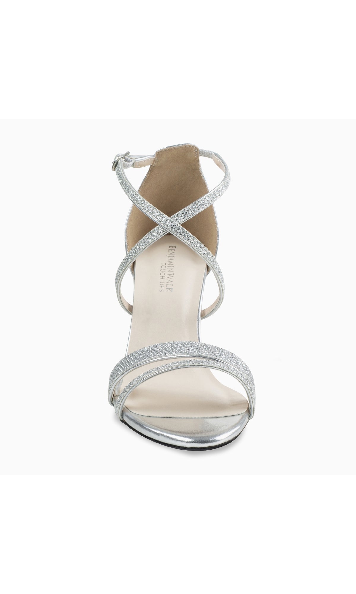 The Daphne Silver Prom Shoes: Touch Ups 4617 are silver strappy high-heeled sandals with a closed back and ankle strap, shown from the front against a white background—perfect as elegant prom heels.